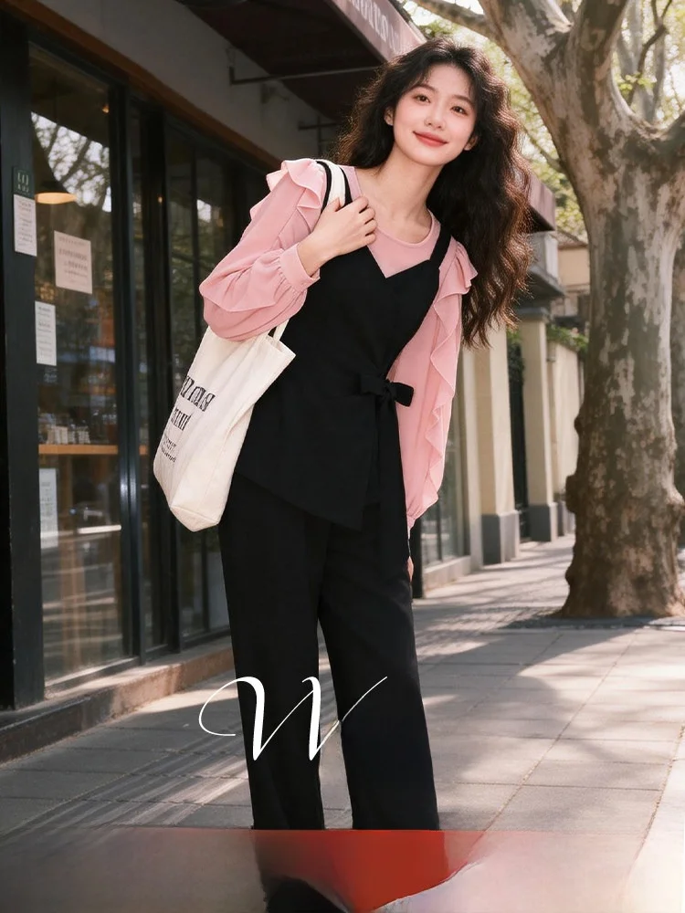 

Ele Large Size Women's Spring Outfit with Pleated Hem Long Sve Top And High Waist Pants Beautiful Two-Piece Set for Ca...