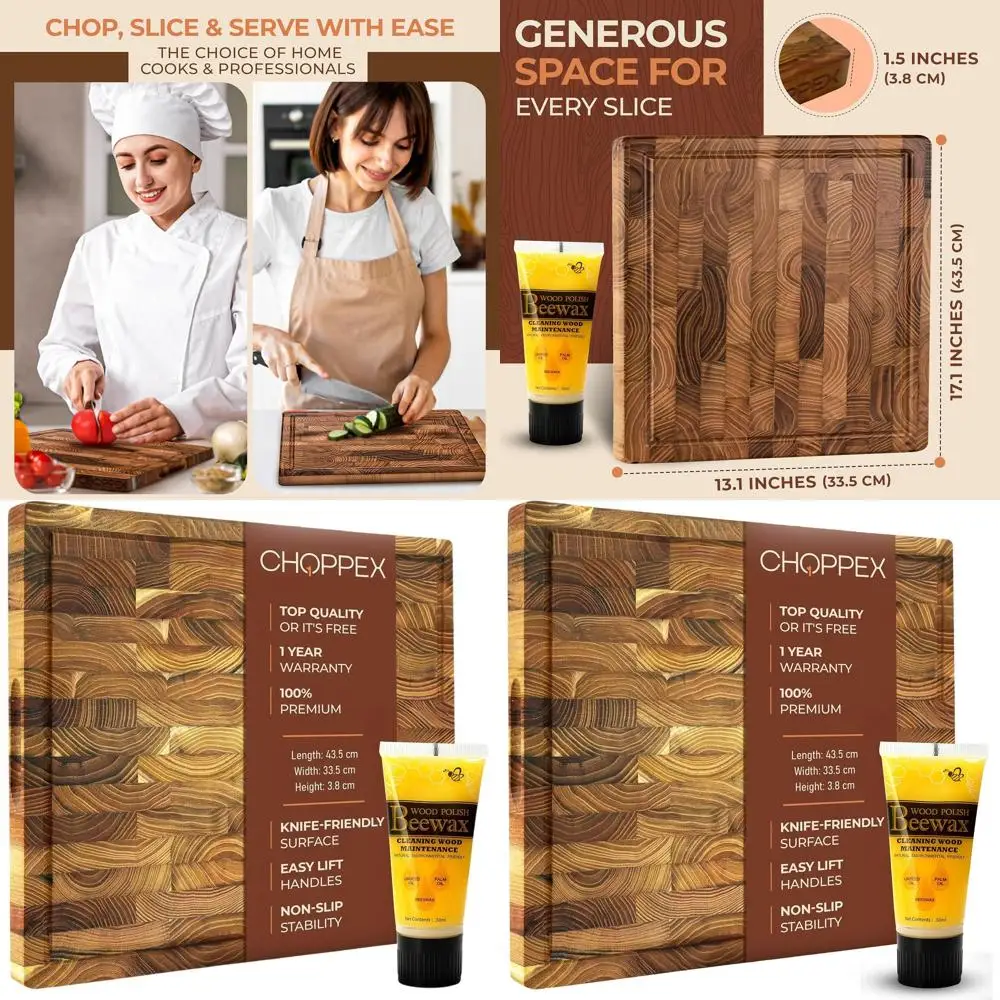 

Thick 13.1x17.1 in Teak End Grain Chopping Board with Deep Groove, Handles & Non-Slip Base for Meat, Veggie Cutting