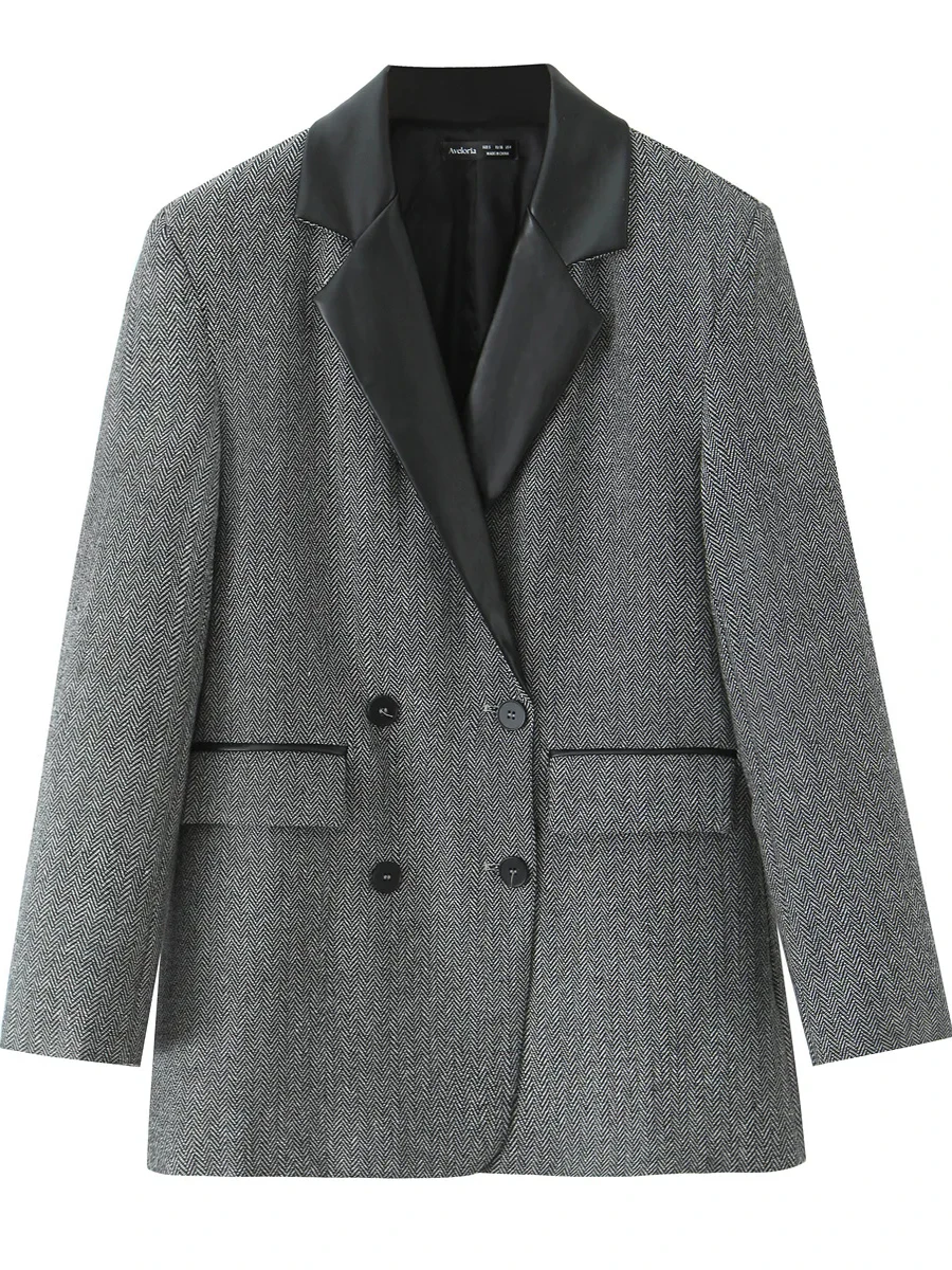 American Retro Color Block PU Leather Collar Double Breasted Suit Jacket Women's High End Loose Casual Western Style Coat
