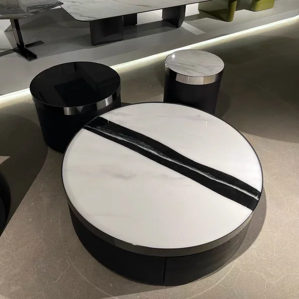 

Italian light luxury small apartment round rock slab marble coffee table minimalist living room small coffee table smoked color