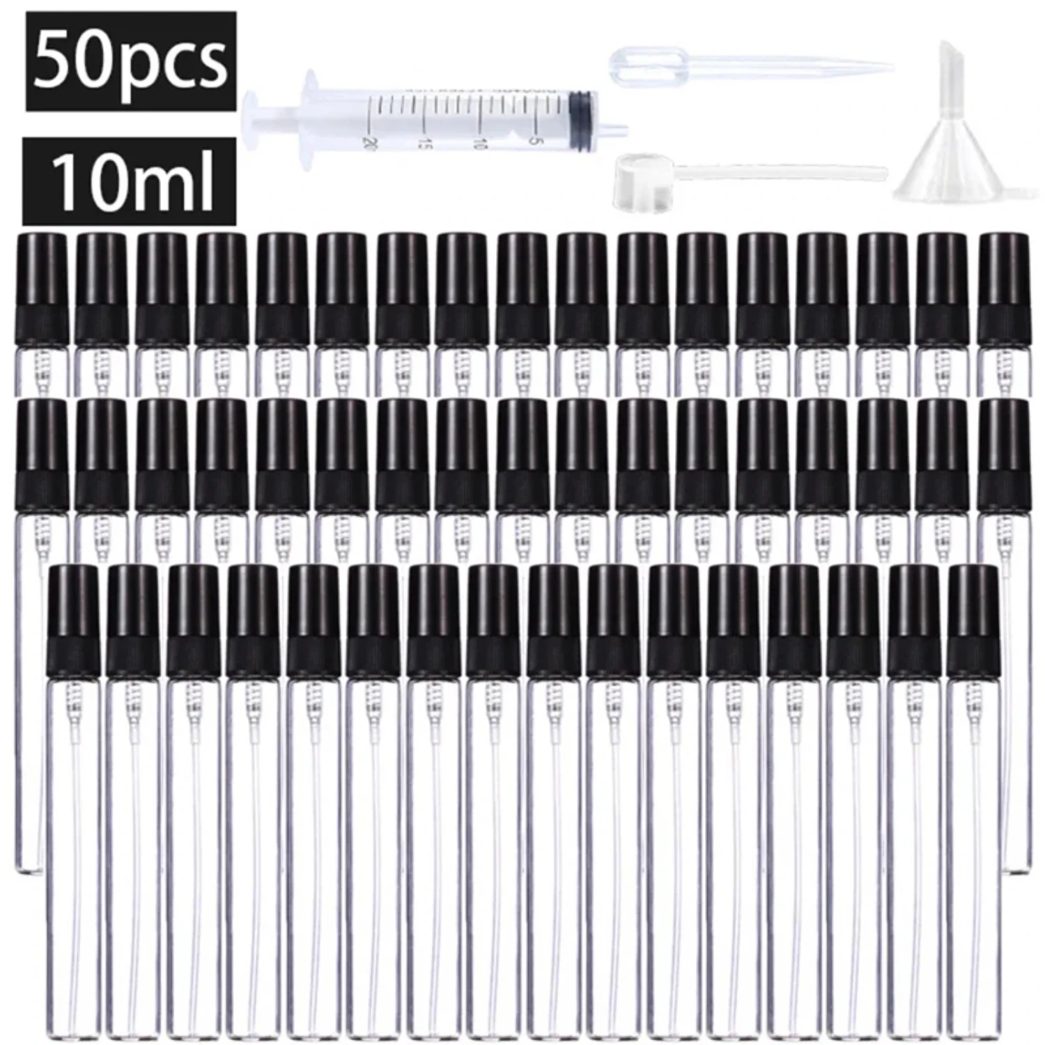 

50pcs+4 Accessories 10ML Refillable Glass Spray Bottle with 50 Spray Bottles, 1 Dropper, 1 Funnel, 1 Dispenser, 1 Syringe