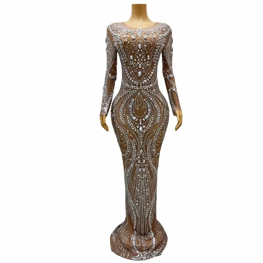 Sparkly Kristallen Diamanten Mesh Sexy Lange Jurk O Hals Transparante Vrouwen Celebrity Prom Gown Avondfeest Luxe Robe Night