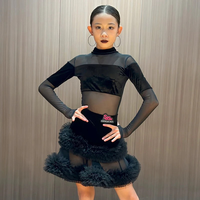 

2024 New Girls Latin Dance Dress Black Long Sleeves Fringe Dress Competition Clothing Kids Cha Cha Dance Practice Dress BL12003