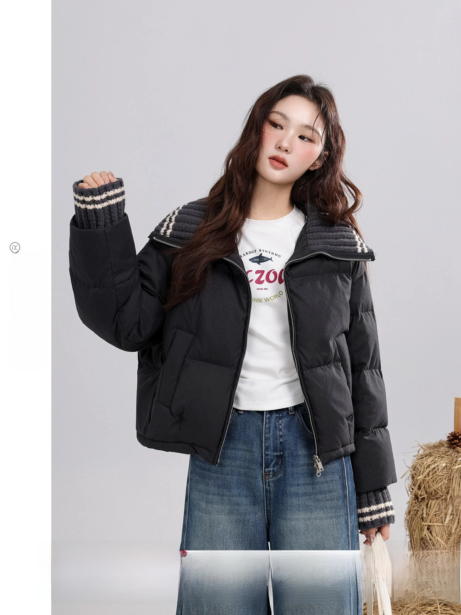 

Ice Lantern Night Retro Loose Collar Knitted Patchwork Black down Jacket Women's Winter New Style Warm Thickened Zipper ...