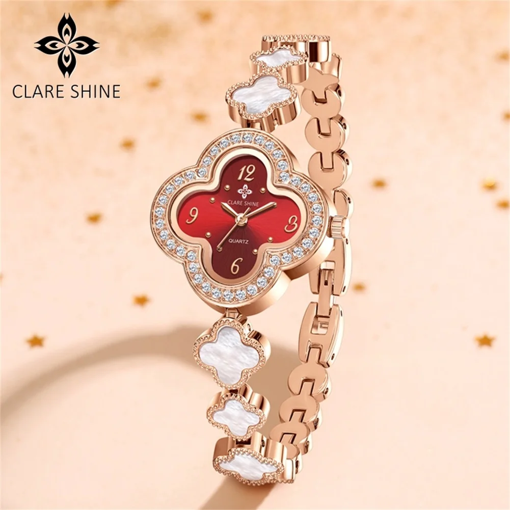 CLARE SHINE Quartz Watch For Women Elegant Luxury Diamond Bezel Waterproof Watch Lucky Ladies Wristwatch Necklace Gift Box Sets