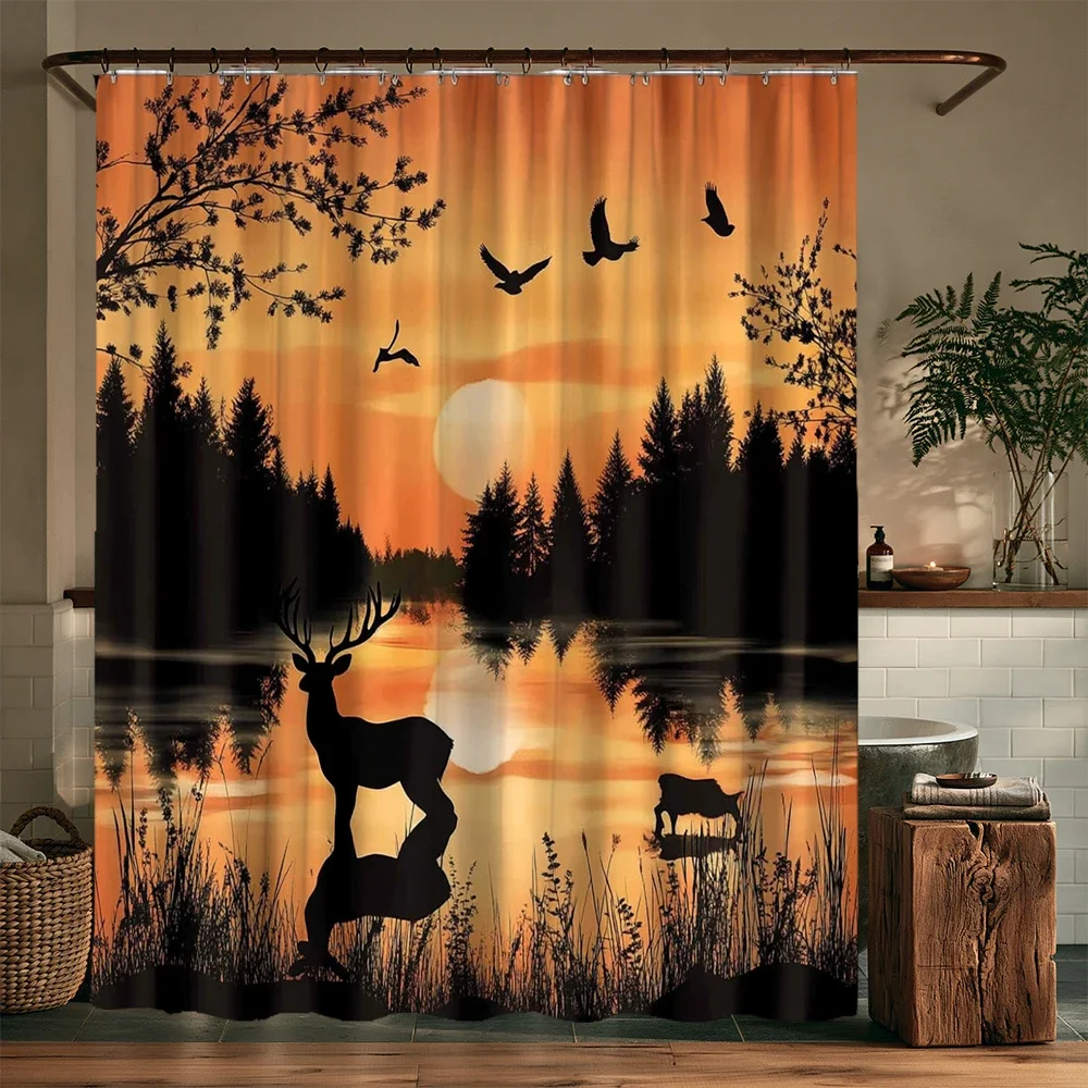 Realistic Bear in Misty Mountain Forest Landscape Shower Curtain Bathroom Decor Waterproof Print