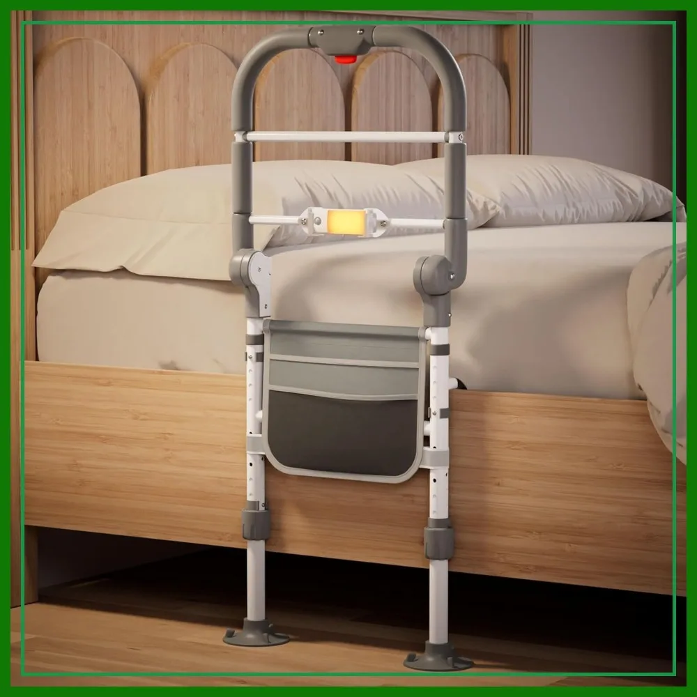 

Foldable Bed Rails for Elderly Adults, Adjustable Height Safety Rail with Non-Slip Handle, Motion Sensor Light & Storage Pouch, Fits King Queen Full Twin Beds, Supports 350 LBS