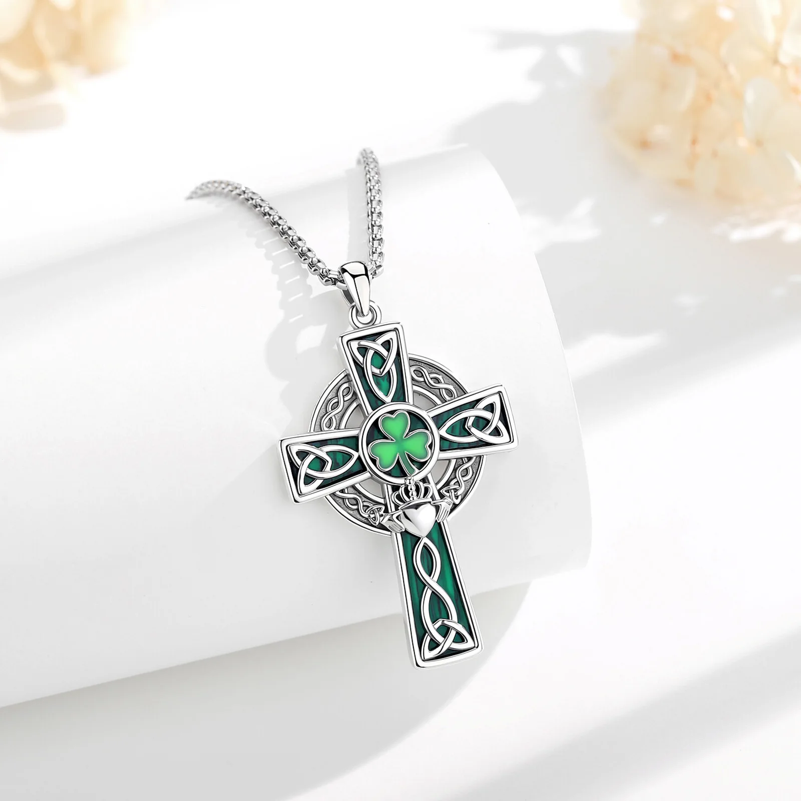 AEONSLOVE Celtic Cross Necklace Malachite Trinity Knot Shamrock Claddagh Pendant Protection Amulet Irish Jewelry Gifts Unisex