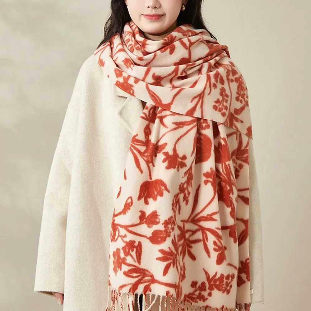 

Fashion Thickened Imitation Cashmere Scarf Floral Print Tassel Neck Warmer Long Scarf Cold-proof Women's Shawl Autumn Winter