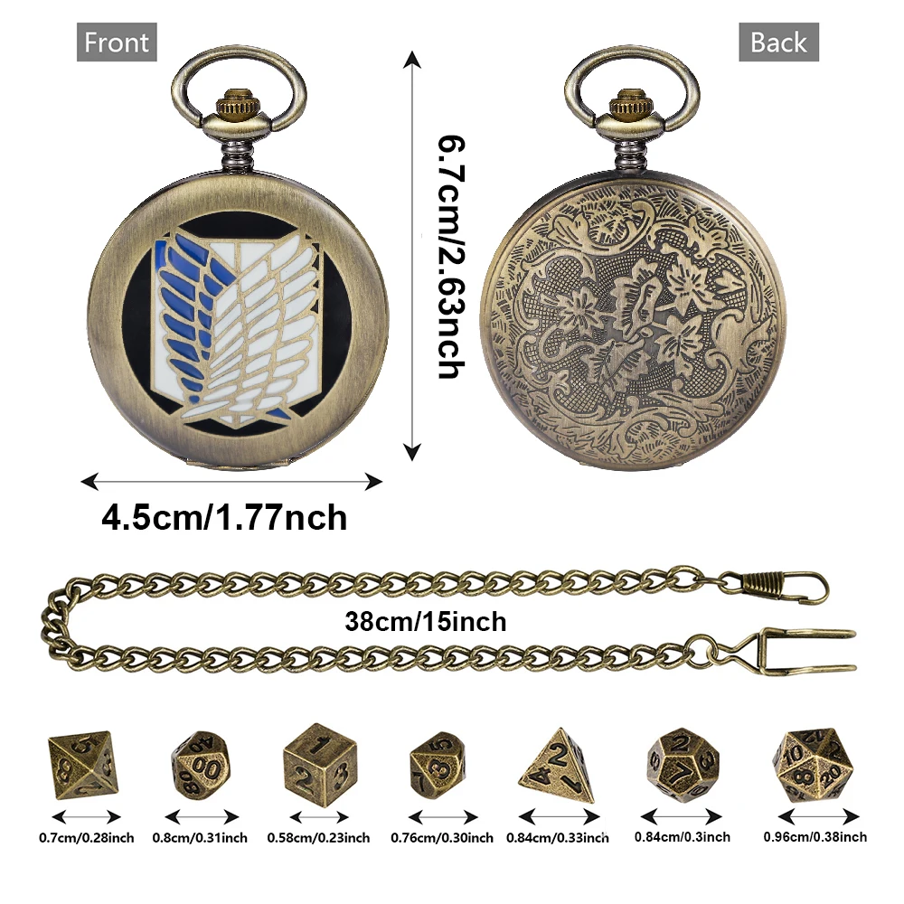 أنيمي هجوم على تيتان DND النرد مجموعة ساعات الجيب حالات مع 39 سنتيمتر سلسلة ساعة جوفاء والعتاد ساعة جيب DND النرد الهدايا مجلس لعبة