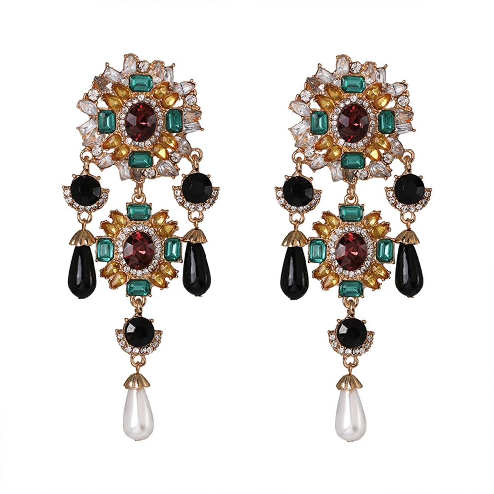 New Bohemian Vintage Metal Colorful Crystals Dangle Drop Earrings Hanging Pearls Fine Rhinestone Jewelry Accessories For Women