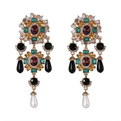 New Bohemian Vintage Metal Colorful Crystals Dangle Drop Earrings Hanging Pearls Fine Rhinestone Jewelry Accessories For Women