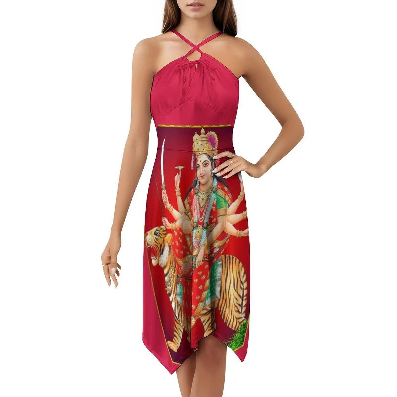 فستان Amba Ambe Jai Mata Di Goddess Devi maa Ambe Ma بوهيمي بدون أكمام للنساء مطبوع فساتين حفلات الشاطئ Amba Ambe Jai Mata