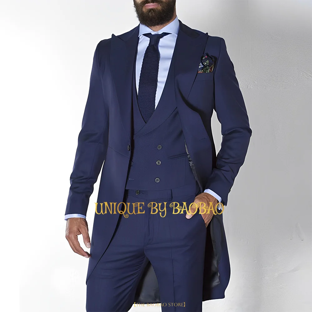 Traje de 3 piezas para hombre (chaqueta + chaleco + pantalones), azul marino, boda real, novio, concierto, citas, fiesta en la playa de verano,