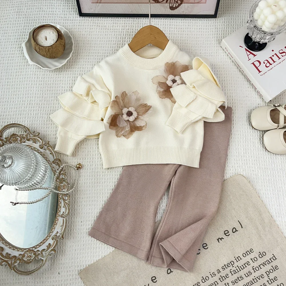 Korean Version Autumn/Winter Casual Knitted Suit 2-6 Year Old Girls' Three Dimensional Flower Lace Sweater+Pants Two Piece Set