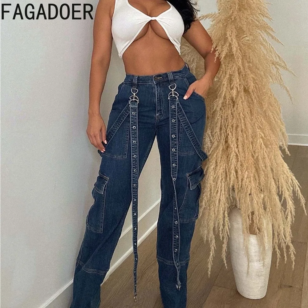 FAGADOER Y2K Streetwear Denim Cargo Pants Fashion Straight-leg Jean Trousers Women Casual Multi Pocket Patchwork Loose Jeans New