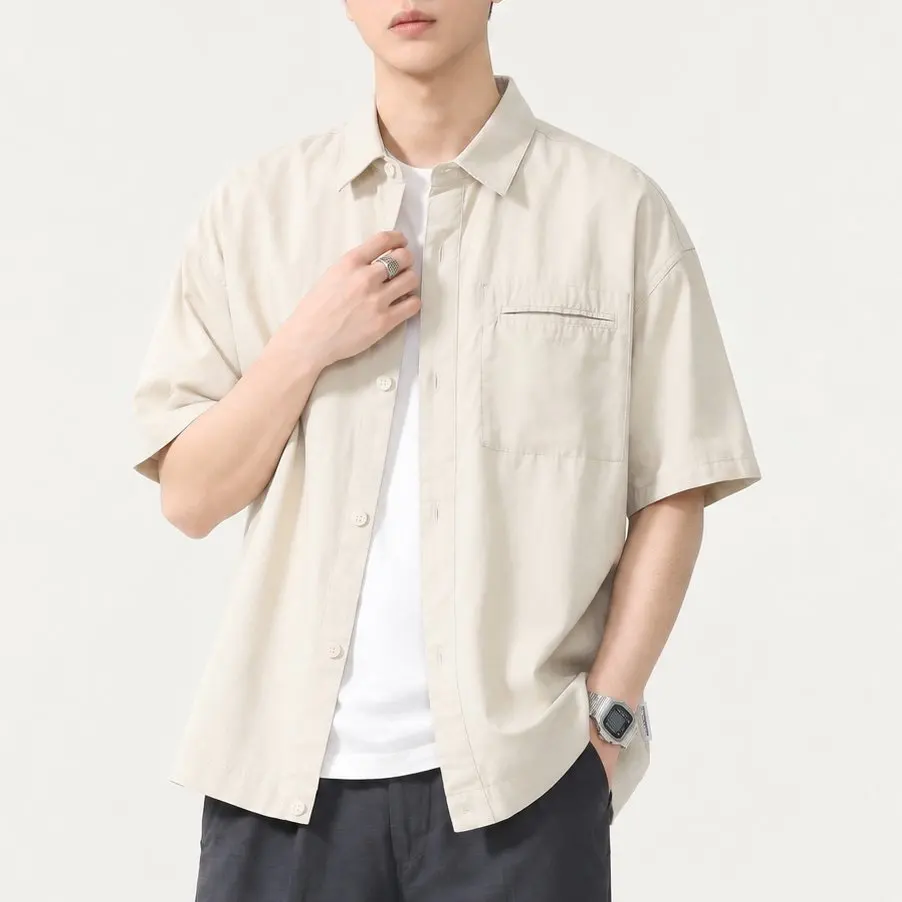 Summer Old Money Fashion Lightweight Thin Shirt Men Vintage Loose Casual Breathable Short Sleeve Shirts Commuter Tops