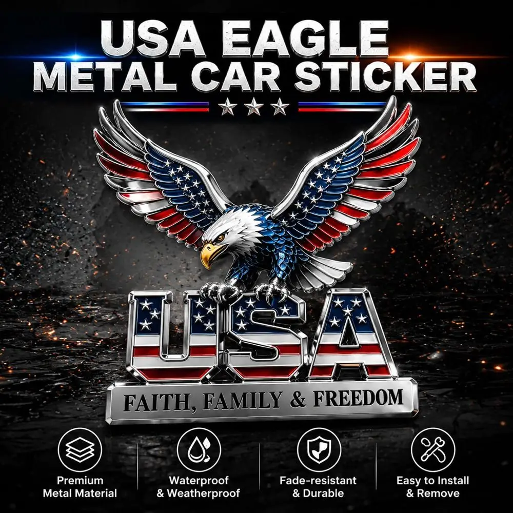 3D Raised Metal Design USA Faith Family Emblem American Eagle & US Flag Pattern Durable Zinc Alloy Auto Badge