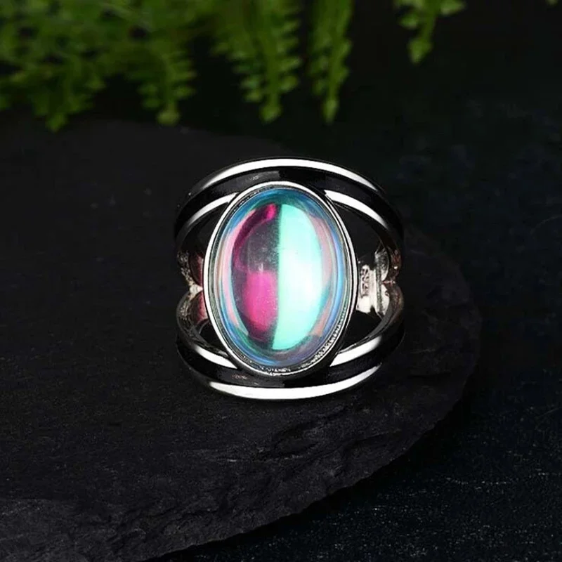 FashionVintage Ancient Tibetan Large Oval Moonstone Ring Large Size Indian Healing Crystal Fire Opal Rings Women Vintage Jewelry