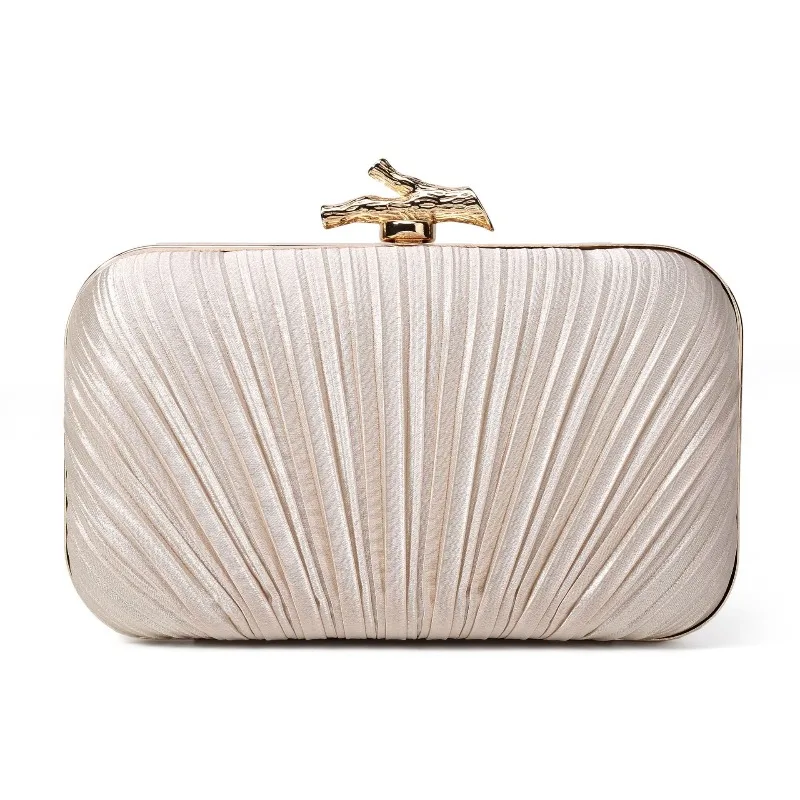 Elegant Lilac Shimmer Pleated Satin Clutch Purse, Gold Branch Bird Lock Hard Evening Bag for Bridal Wedding Cocktail Gala Party view 6