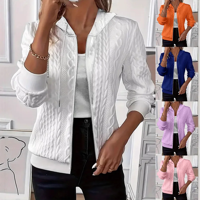 

2025 Популярный осенне-зимний однотонный вязаный свитер с капюшоном и длинными рукавами на молнии для женщин