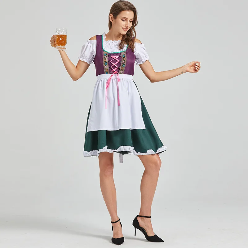 

Germany Oktoberfest Womens Vintage Ethnic Dresses Lace-Up Cold Shoulder Maid Dirndl Dress Bavarian Beer Cosplay Costumes