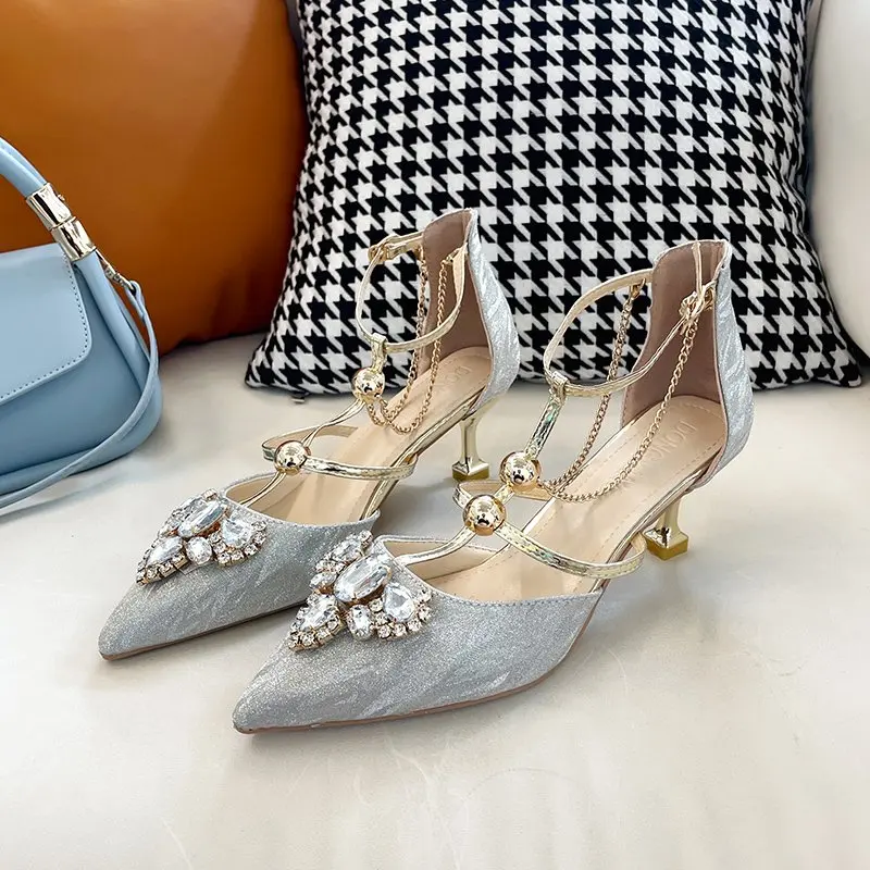 

Fashion Pointy Stiletto Sandals Summer New Baotou Shallow Mouth Sequin Metal Chain Anti-slip Wear-resistant Heels