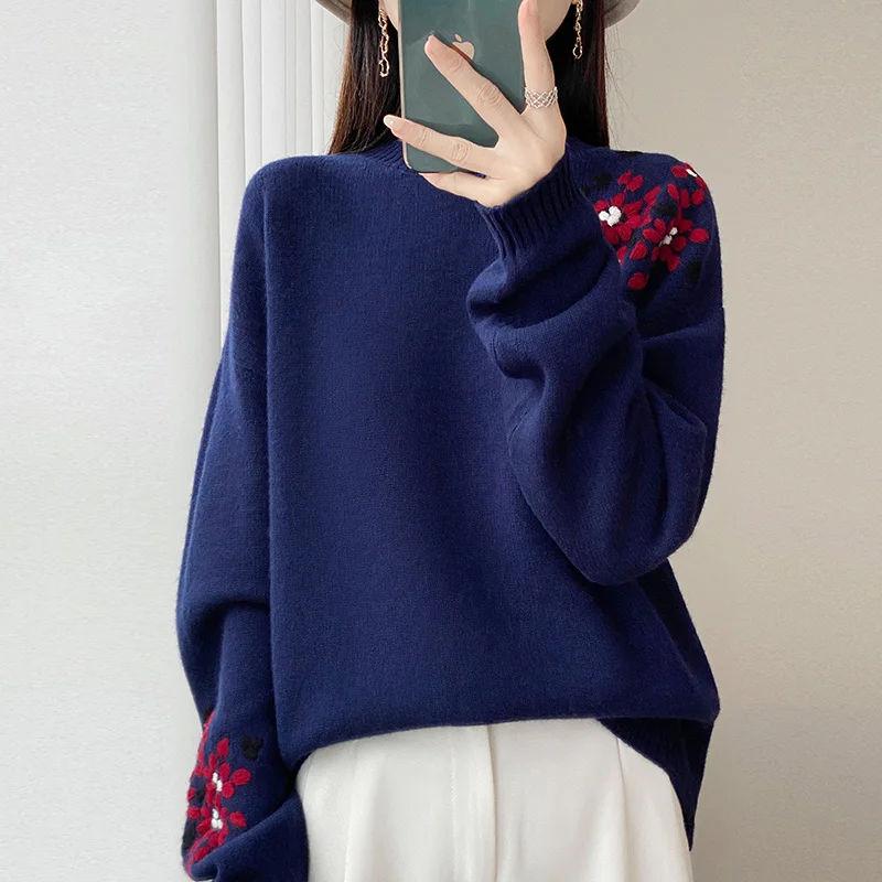 

BELIARST Autumn and Winter New 100% Merino Wool Sweater Women's Round Neck Knitted Pullover Fashion Embroidered Large Size Top