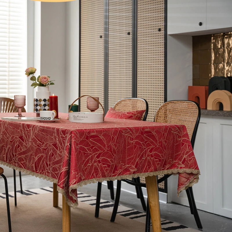 

Red Tablecloth Wedding New Year Festive Tablecloth Exquisite Jacquard Feather Leaves Golden Lace Cover Coffeetable Table Cloth