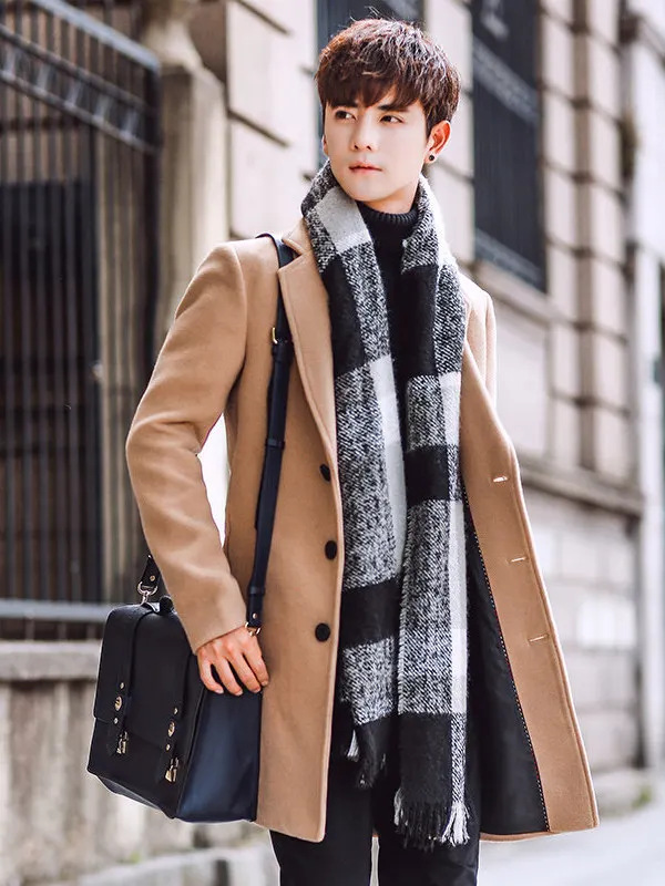 

Мужское модное утепленное шерстяное пальто приталенного кроя для весны, осени и зимы, стильное пальто в корейском стиле средней длины на одной пуговице