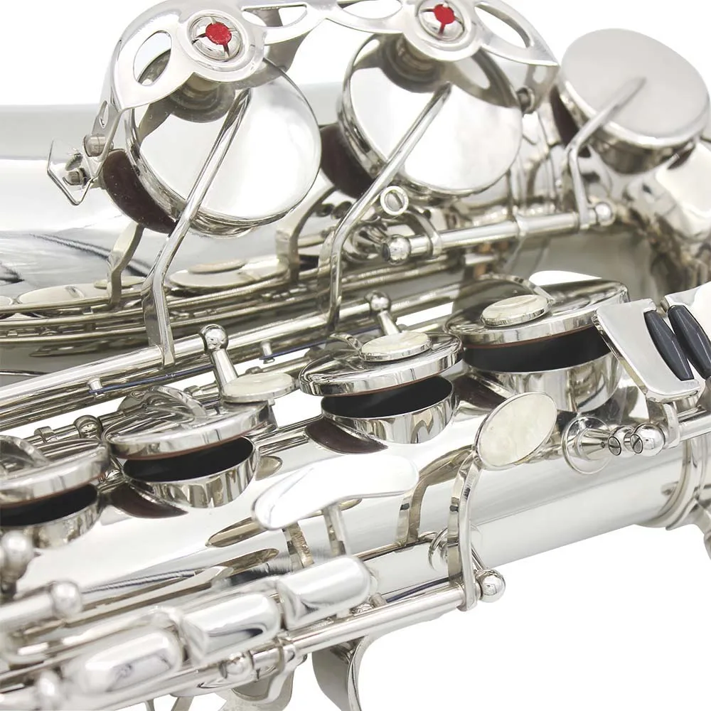 SLADE Alto Saxophone Brass Body Carved White Shell Button Silver Eb Tonality Saxophone Instrument with Gloves Wiping Cloth Reed