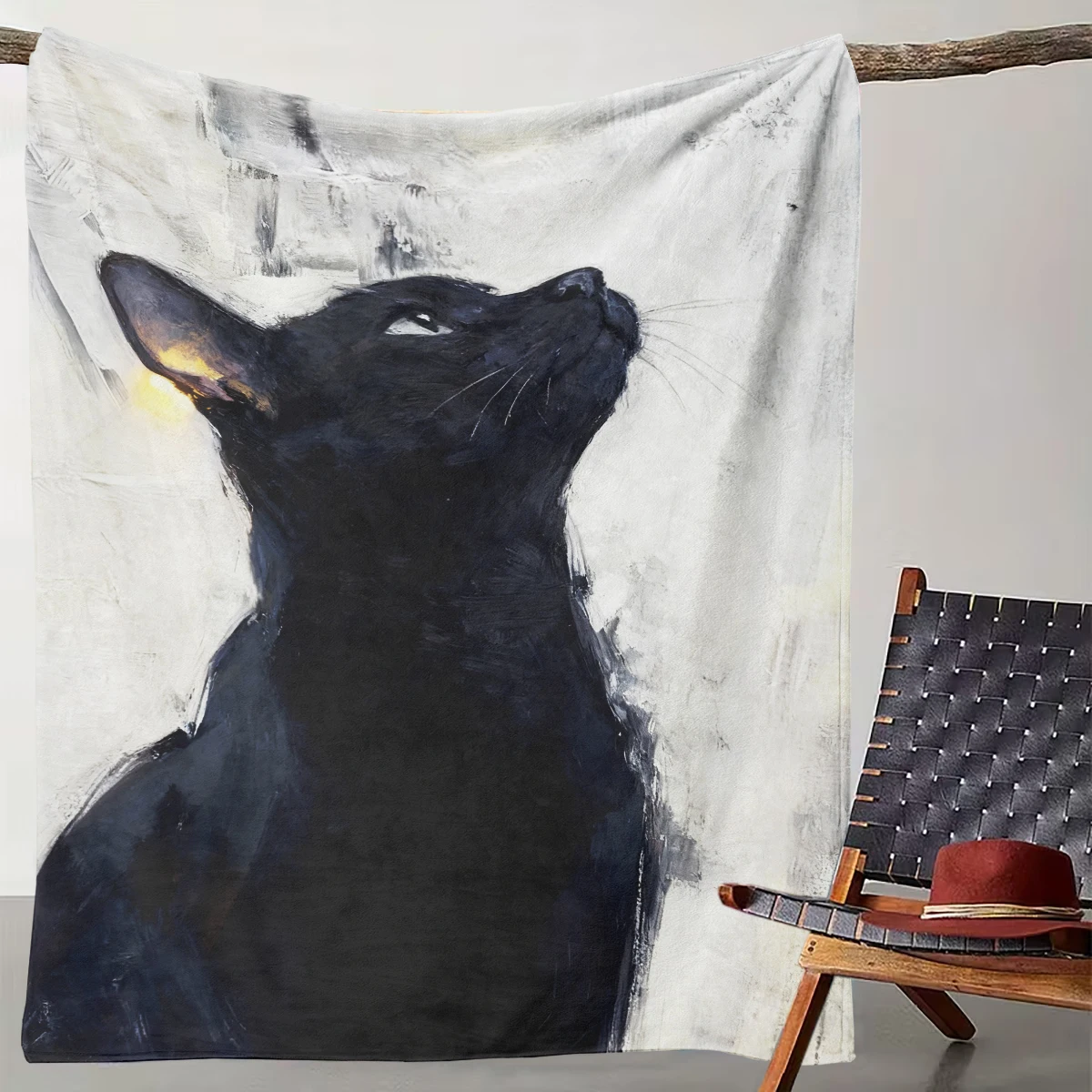 

1 Abstract Oil Painting Style Black Cat Art Blanket, Light Luxury Bedroom Sofa Decorative Blanket