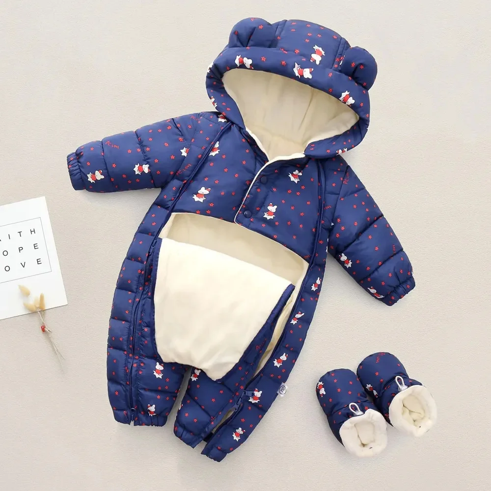 

2023 New born Baby clothes Jumpsuit Hooded Plus Velvet Warm Boy Snowsuit Toddler Snow Suit Girl Cotton clothing Overalls Rompers