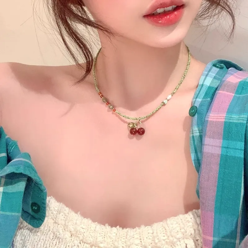 Summer Countryside Style Green Beaded Necklace with Red Cherry Beach Pendant Necklaces Jewelry Gift for Women Girls Beachwear