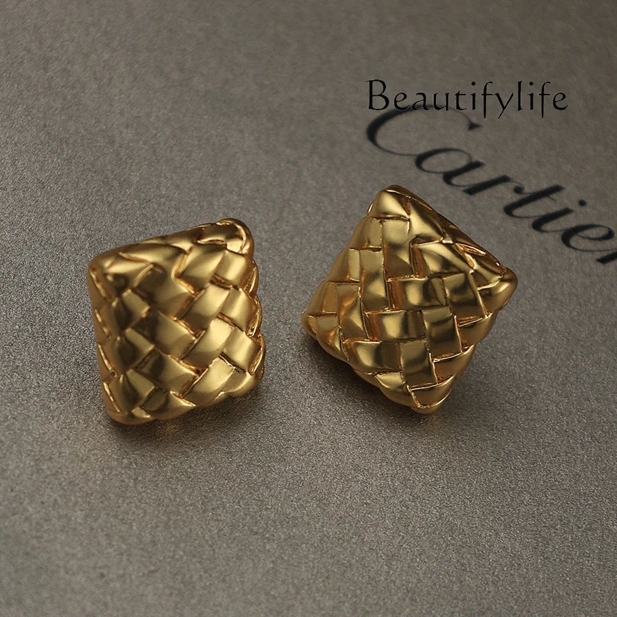 

S925 silver needle simple temperament rhombus woven square earrings women's exquisite European and American light luxury