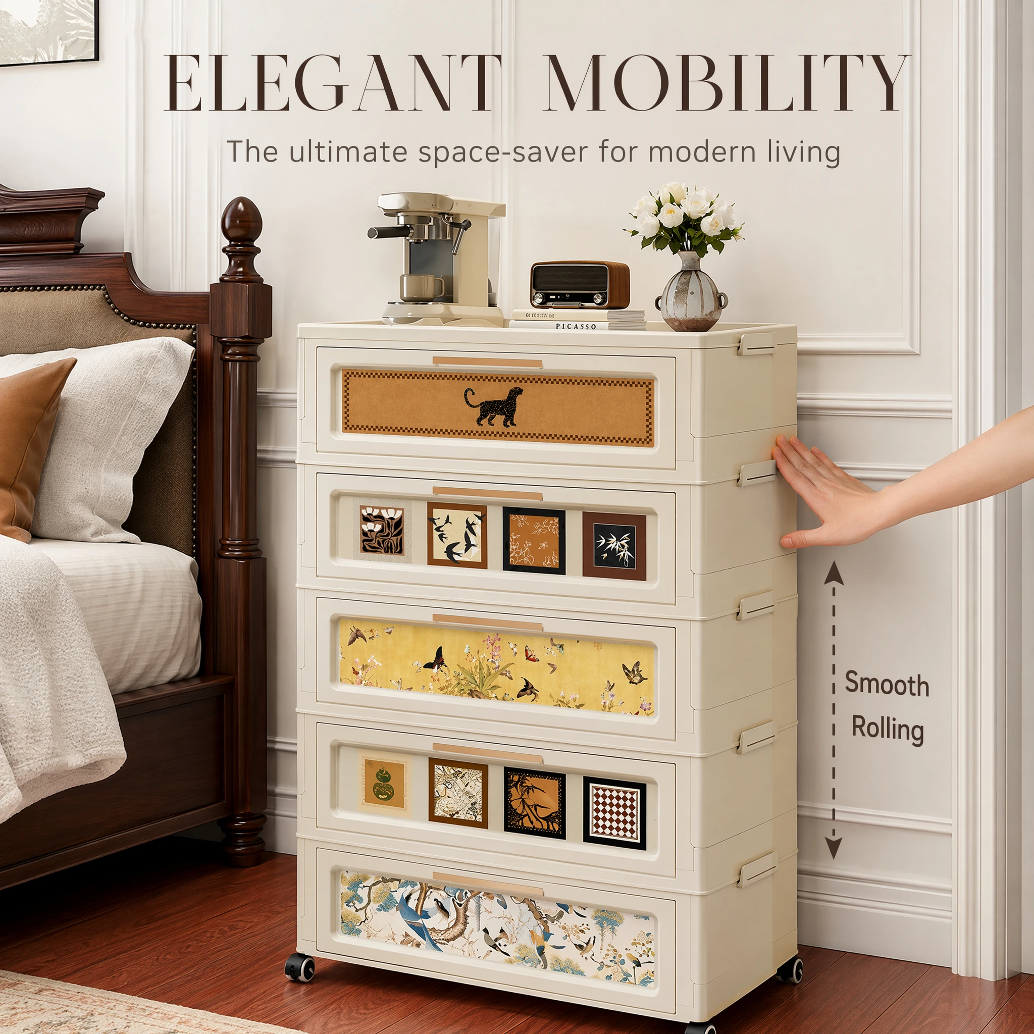 3/5 Tier Foldable ABS Rolling Storage Cabinet with Wheels, Tool-Free Assembly Retro Flip-Top Storage Chest, Magnetic Flip Cover Freestanding Plastic Storage Dresser, Large Capacity Space Saving Home Organizer for Bedroom Living Room Entryway