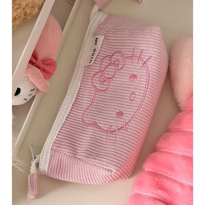 Pink Kawaii Holle Kitty Pencil Bag Cartoon Cute Corduroy Large Capacity Pencil Bag Japanese Vintage Charms Cosmetic Storage Bags