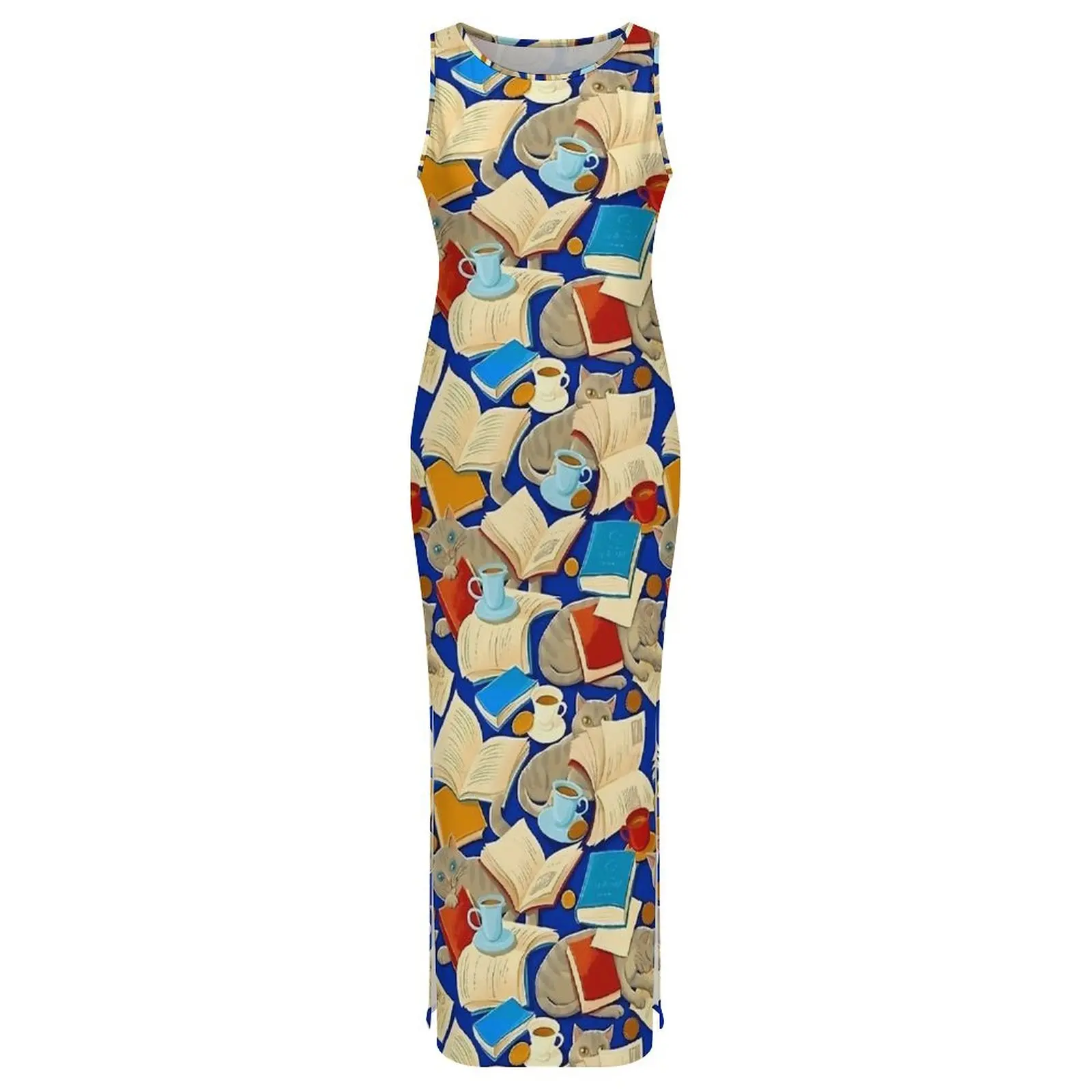 Ladies Library Cat Dress Cats and Books Fashion Bodycon Dress Summer Sleeveless Elegant Maxi Dresses Graphic Oversized Vestido