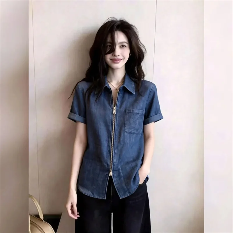 

Women's Shirts Blouse 2026 Spring Summer New Retro Deep Blue Cowboy Short Sleeve Double Zipper Versatile Denim Shirt Top