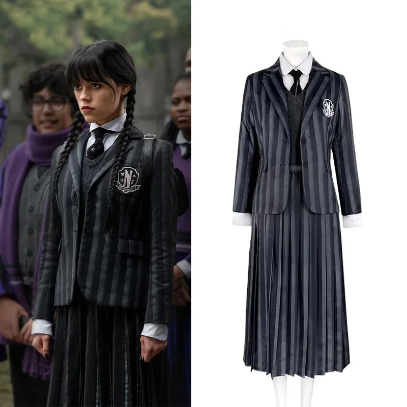 

2025 New Wednesday Addams Family Cosplay Costume Women Striped Tie School Uniform Coat Vest Shirt Skirt Full Set Halloween Party