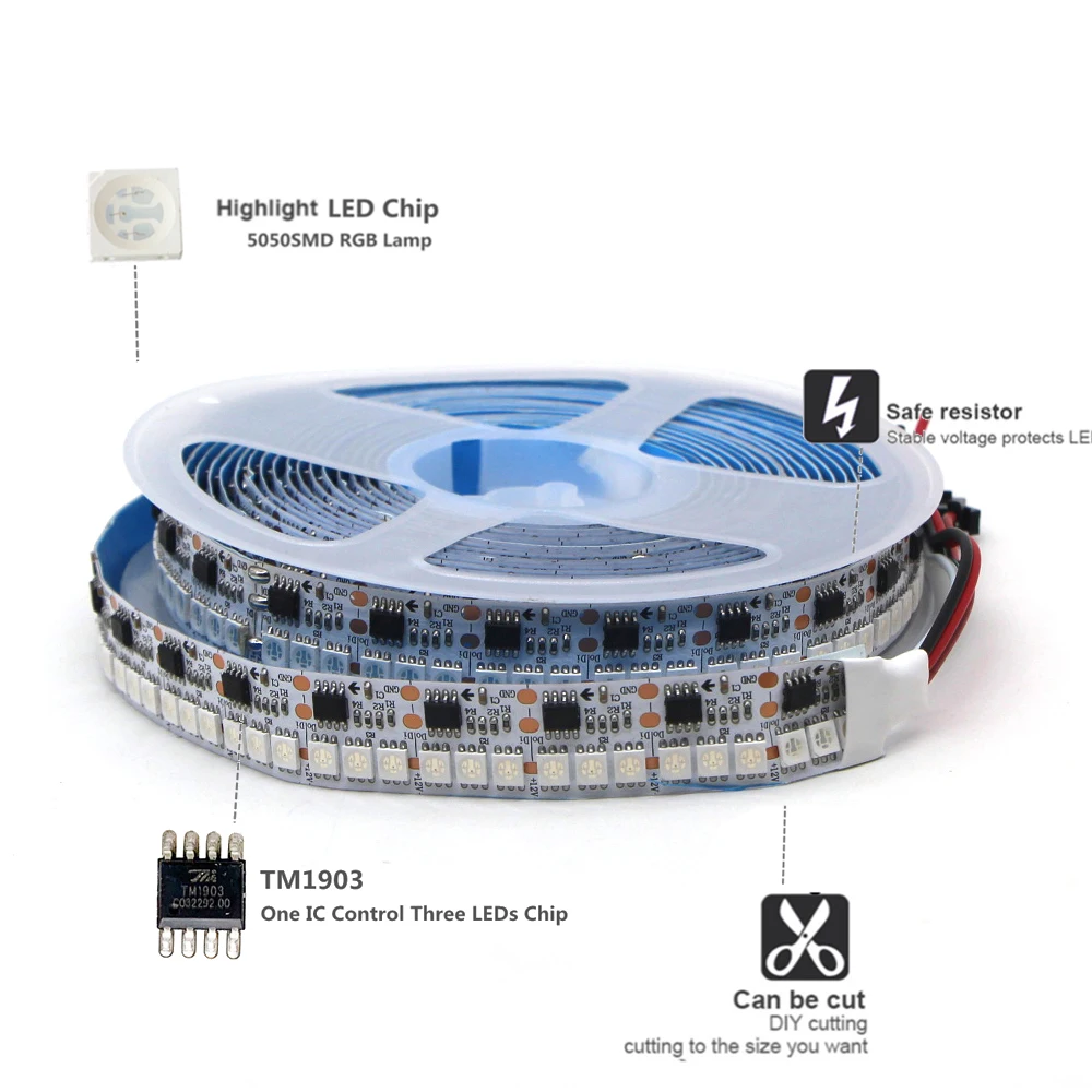 TM1903 Dream Color LED Strip Light DC 12V 5m 180Leds/m 16mm Width SMD 5050 Similar WS2811 IC Addressable Smart Pixel RGB Tape