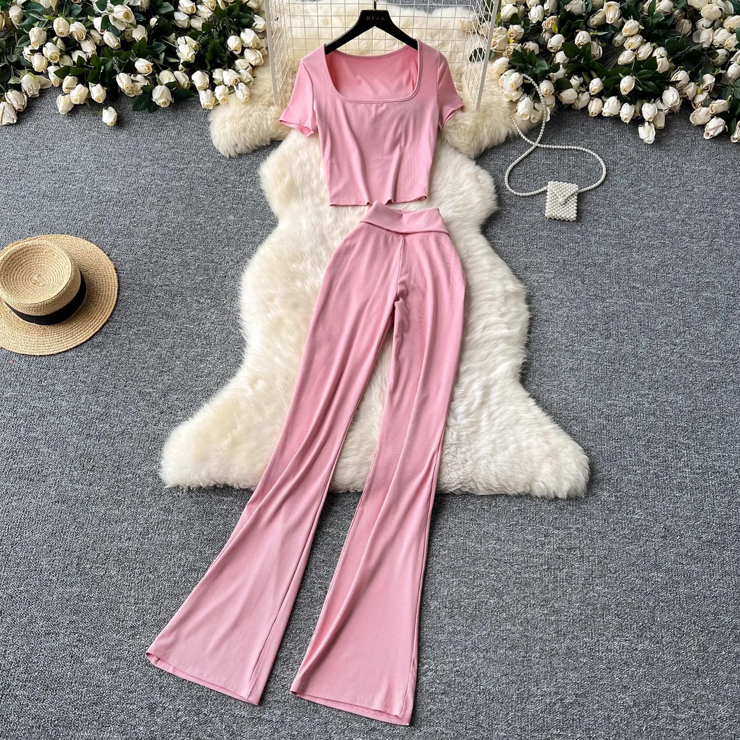 

Fashion T-Shirt Top Flared Pant Suit Short Square Collar All Match T-Shirt Top + High Waist Slimming Flared Pants Two-Piece Set