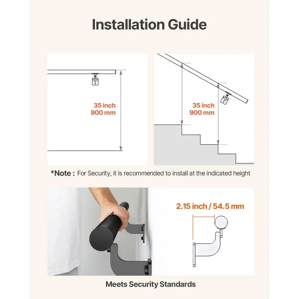 4ft Black Aluminum Wall Mounted Stair Handrail Indoor Outdoor Safety Railing Strong Durable Support