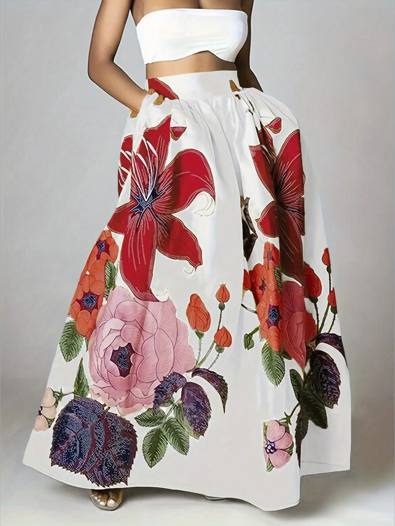 Vintage Random Floral Print Maxi Skirt Women High Waist A Line Flared Skirt With Pockets Summer Vacation Long Skirt