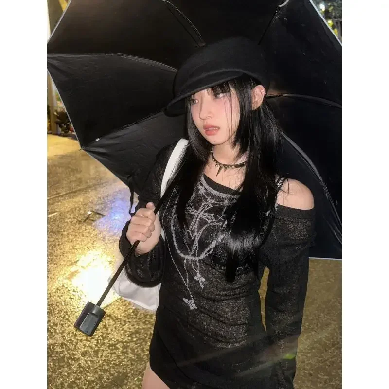 女性用長袖Tシャツ,裸の肩,裸の肩,セクシーなアメリカのプリント,y2k