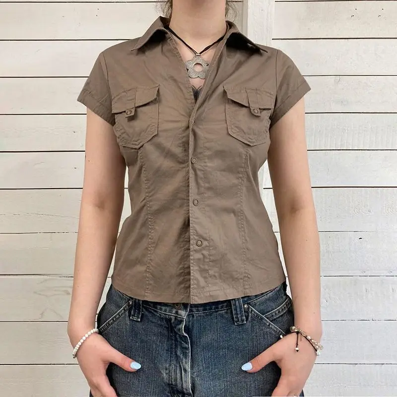 Shirt Lapel Pockets Buttoned Fashion Streetwear Style Solid Blouses Y2K Aesthetic Vintage Up Shirts Women Korean Casual Summer