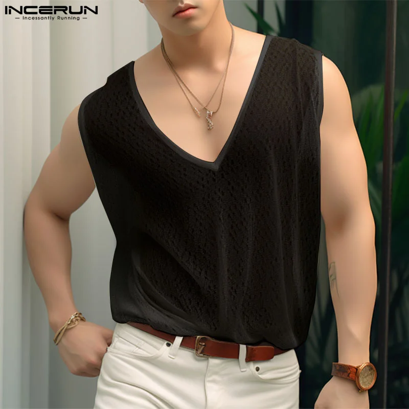 INCERUN Tops 2024 Korean Style Men's Sexy Hollow Perspective Vests Summer Casual Stylish Male V-neck Sleeveless Tank Tops S-5XL