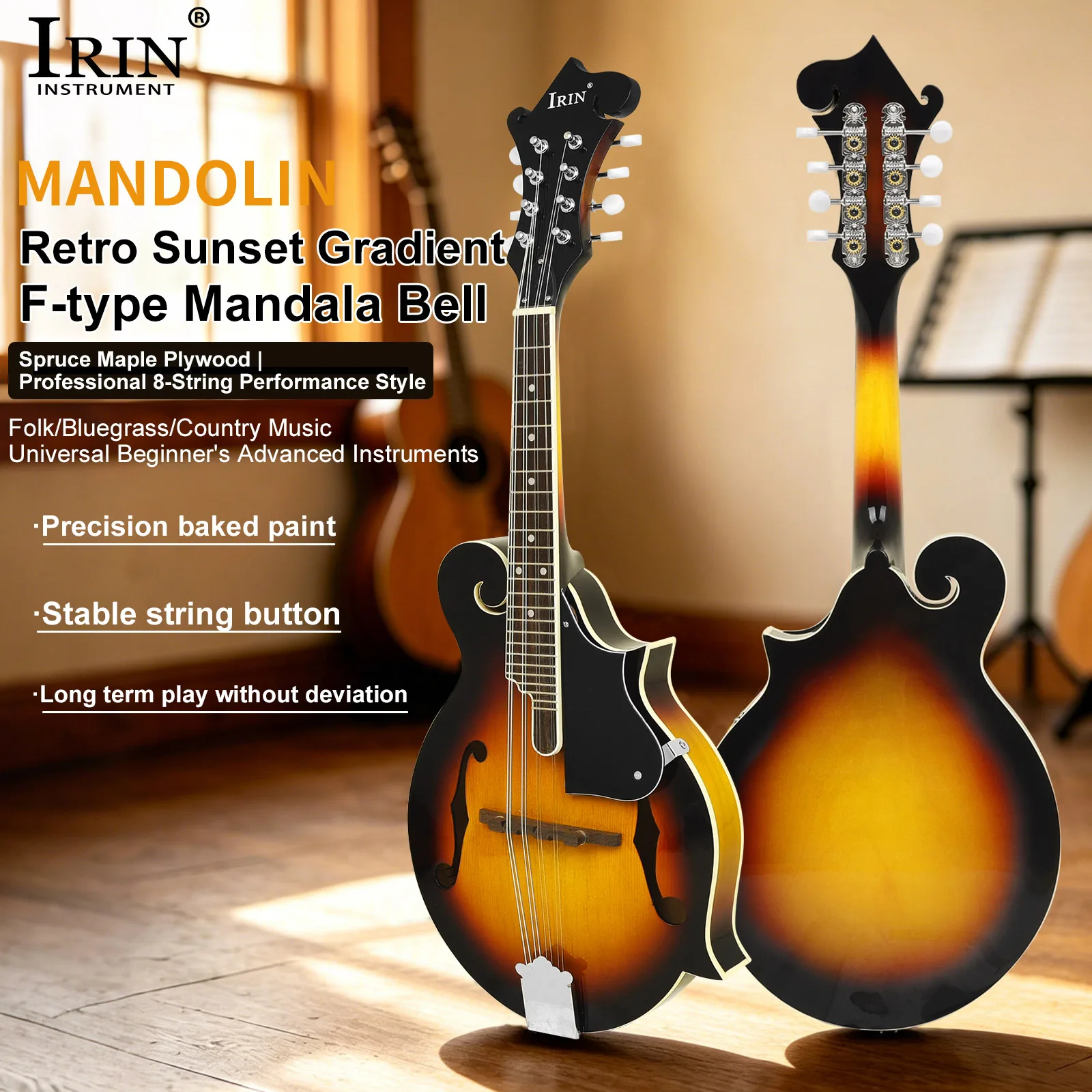 IRIN MD-70 8 Strings Mandolin Spruce Plywood Maple Back Sides F Style Acoustic Mandolin Guitar Stringed Instrument with Case