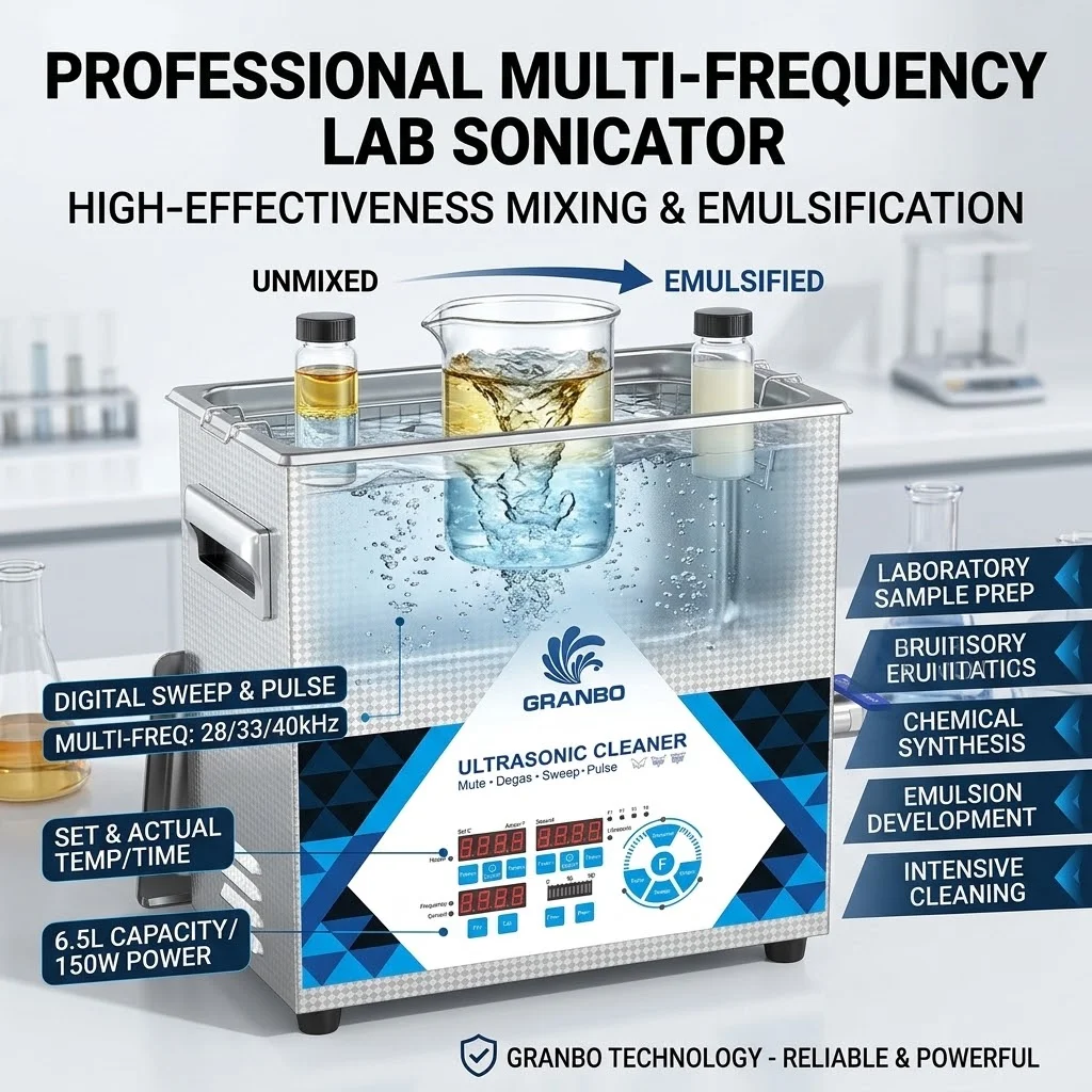 Granbo 150W Ultrasonic Cleaning Machine 6.5L Digital Sweep Pulse 28/33/40kHz for Lab Mixing Emulsification Ultrasound Cleaner