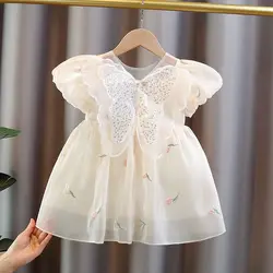 Robe de princesse en dentelle brodée pour filles, vêtements pour enfants, patchwork floral, paillettes, col rond, fermeture éclair papillon, manches courtes, doux, été